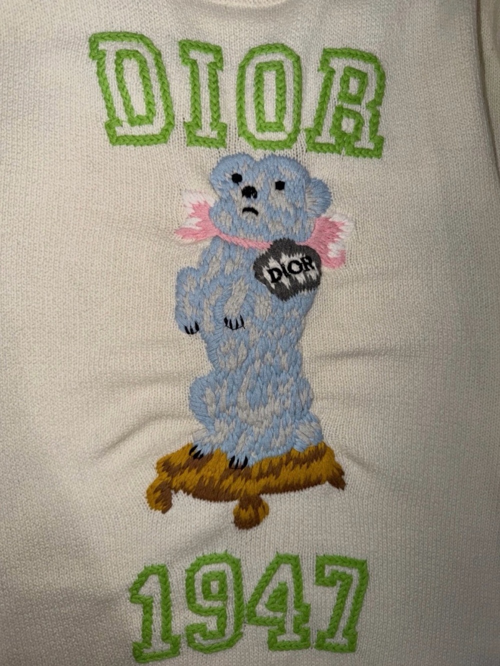 Dior Cream Crewneck Sweater with Green Logo and Blue Teddy - Picture 5 of 5